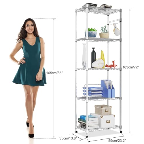 Homdox 5-Tier Steel Wire Shelving Unit with Wheels - 23.23 x 13.78 x 72.05 Inch, Silver Heavy Duty Storage Rack