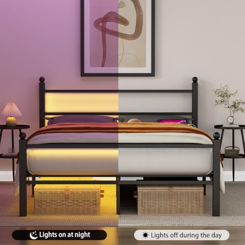 Full Size Bed Frame with Headboard & Footboard Black Metal Platform with LED & USB