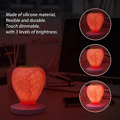 Strawberry Night Light, Cute Silicone Strawberry Lamp, Bedside Color Changing Lamp, LED Cute Night Light, 3 Modes Touch, for Birthday, Christmas (Pink)