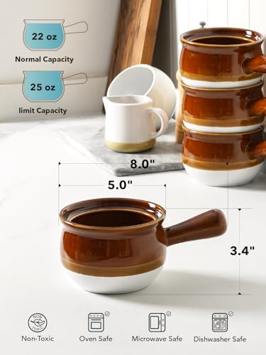 22 Ounce Ceramic Soup Bowls with Handles - Set of 4 French Onion & Soup Crocks, Oven Safe & Stackable