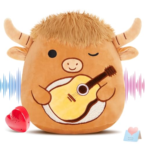 Glow Guards 12'' Heartbeat Scottish Highland Cow Plush Pillow Cute Recordable Stuffed Animal Recorder Cow Plush Toy Birthday Gift for Boys Girls,Brown Highland Cow