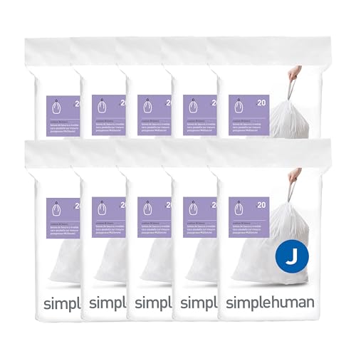 simplehuman Code J 200 Pack Custom Fit Trash Bags 38-45L Drawstring, Thick Leakproof