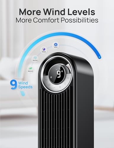 DREO Black Tower Fan with 28ft/s Velocity, 9 Speeds for Bedroom