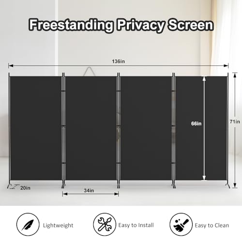 Kokorona 4-Panel Room Divider - Black, 136"W x 71"H Portable Privacy Screen