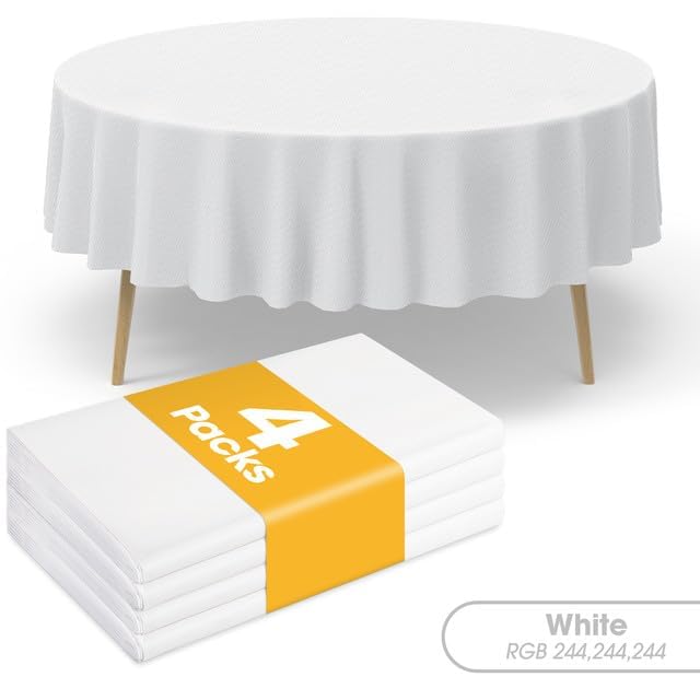 Niuara White Plastic Table Cloth - 4 Pack 84" Round Disposable Tablecloths for Round Tables, Table Cover for Holiday Parties & Gatherings