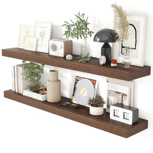 Heimlove 48 Inch Walnut Floating Shelves Set of 2 Wall Mounted Rustic Wood Storage & Display Shelves