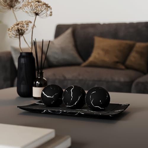 Black Marble Look Home Decor Bowl and Orb Set - Coffee Table Centerpiece, Living Room Accent - Matte Finish