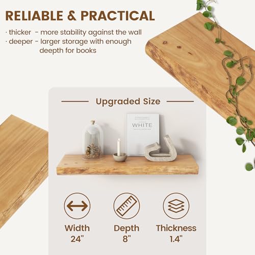 Venusmiles Natural Elm Live Edge Floating Shelves 24 Inch Heavy Duty, 2 Pack