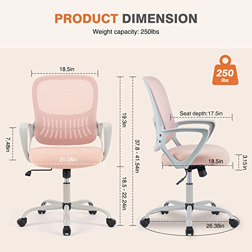 Pink Ergonomic Office Desk Chair with Lumbar Support - All-Day Comfort, 18.5"D