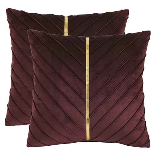 Tosleo Burgundy Velvet Throw Pillow Covers 24x24 inch Pack of 2 with Gold Leather Decorative Couch Pillow Cover Luxury Modern Pillowcases for Living Room Bedroom Sofa Cushion Bed