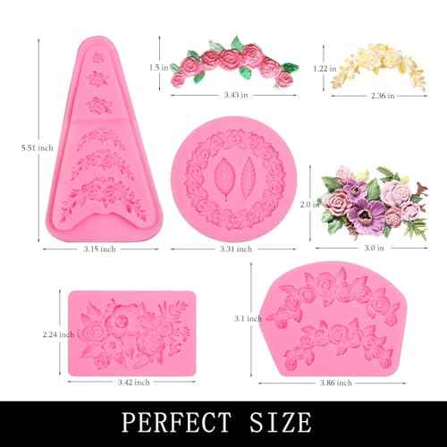 Rose Flowers Chocolate Molds Silicone, 4 Packs Rose with Leaves Garland Chocolate Molds for Relief Cake Decoration Cupcake Toppers Candy Sugar Craft Polymer Clay Resin