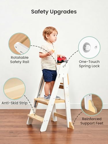 GROWNSY White Foldable Toddler Step Stool with Safety Lock & Compact Storage