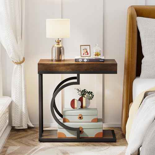 Tribesigns Brown and Black C-Shaped Side Table for Couch - Modern Narrow End Table
