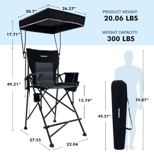 Black 27.5-Inch Tall Oversized Folding Camping Chair with Canopy & Footrest - Supports 300 lbs