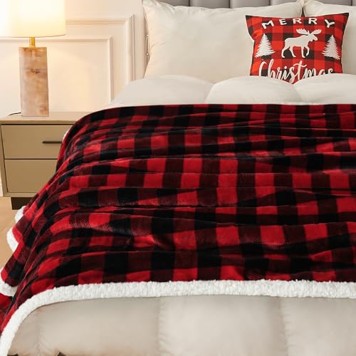 BEAUTEX Christmas Sherpa Fleece Throw Blanket 50x60 Buffalo Plaid, Red