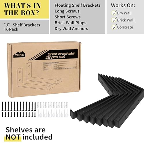 12 Inch Heavy Duty Floating Shelf Brackets Pack of 16 - Industrial Metal Iron Matte Black