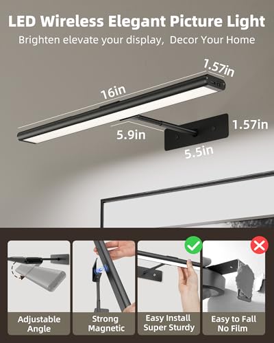 EZVALO 16-Inch Rechargeable Wireless LED Picture Light with IR Remote for Artwork - Black