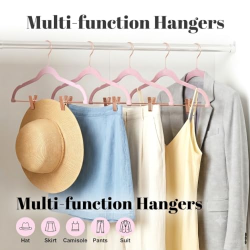 Peach Pink Velvet Pants Hangers with Clips - 24 Pack with Rose Gold Hooks