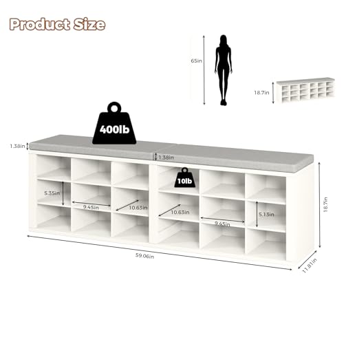 AraSyleon White & Gray 18-Cubby Shoe Storage Bench with Cushioned Seat