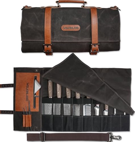 WELKINLAND Heavy-Duty Canvas Leather Knife Roll Bag with 13 Pockets