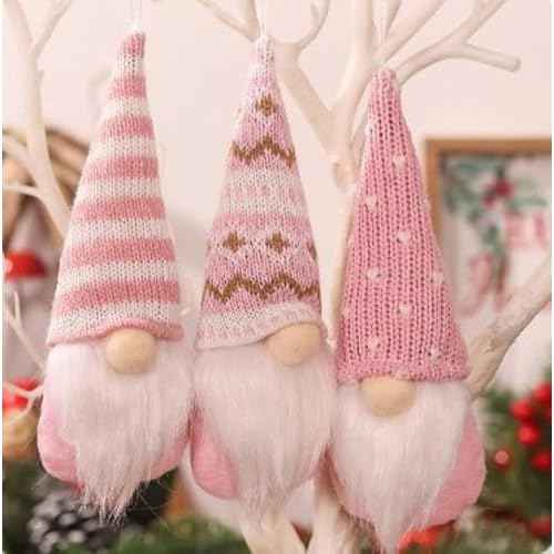 3PCS Christmas Ornaments Hanging Christmas Gnomes Ornaments Swedish Handmade Plush Gnomes Santa Elf Hanging Christmas Tree Decorations Holiday Xmas Decorations Home Christmas Decor (Pink)