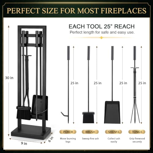 FEED GARDEN Black 5-Piece Fireplace Tool Set - 30" Solid Wrought Iron