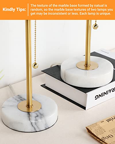 JUNNAI Set of 2 Small Dimmable Bedside Table Lamps with Marble Base & Linen Shade - Gold & Marble Variant