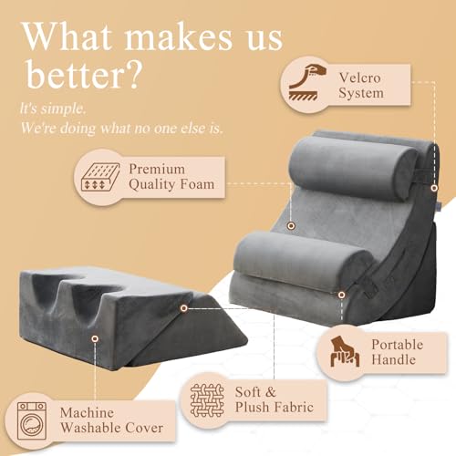 Grey 6-Piece Orthopedic Bed Wedge Pillow Set for Pain Relief & Support
