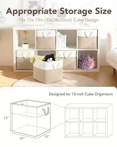 White Khaki 13x15x13 Inch Storage Bins with Cotton Rope Handles 6-Pack