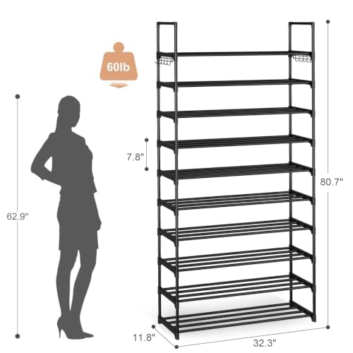 WEXCISE 10-Tier Metal Shoe Rack Organizer for Entryway, Closet, Garage - Large Capacity, Tall Free Standing Shoe Shelf in Black