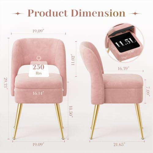 Pink Vanity Chair with Storage & Open Back - Adjustable Gold Metal Legs