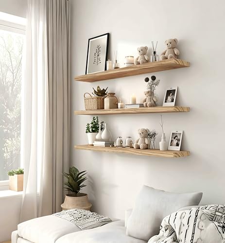 HXSWY 24 Inch Rustic Farmhouse Floating Wall Shelves Set of 4 Light Brown - Solid Wood