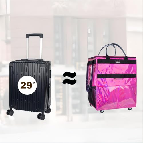 Large Glitter Pink Reusable Grocery Bag with Wheels - Foldable Rolling Tote
