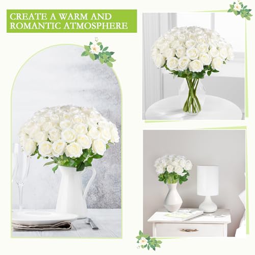 Artificial Roses Bulk 50 White Silk Flowers for DIY Decor - Long Stems