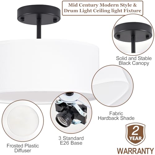 Semi Flush Mount Ceiling Light - 13-Inch Black Drum Fixture with White Fabric Shade - Variation: Black / 13 Inch