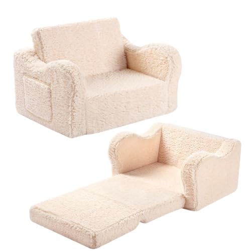 Kids Sofa Chair 2-in-1 Foldable Couch with Sherpa Cover - Cream, Medium - MOMCAYWEX