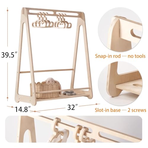 Kids Wooden Clothing Rack with 6 Hangers - Montessori Toddler Wardrobe