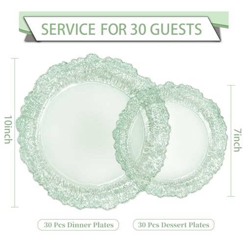 Green Plastic Plates Set 60 pcs – 30 10" Dinner + 30 7" Dessert, Clear Green Disposable Plates