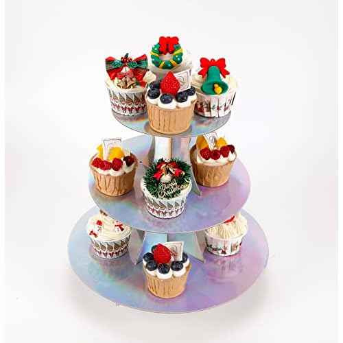 3-Tier Cupcake Stand, Round Rainbow Cake Stand Holder, Tiered DIY Cupcake Stand Tower for Dessert Table Displays, Birthday Theme Party Favors Decoration, Floral Tea Party, 12" W x 12.8" H, Laser