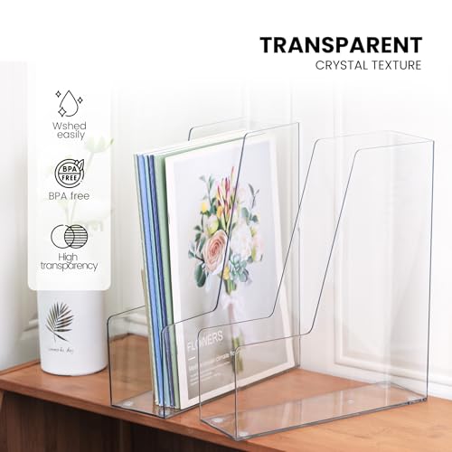 Large Clear Vertical Magazine File Holder - 4 Pack Desk Organizer for Magazines & Documents