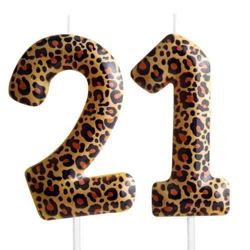 Leopard Print Birthday Candles Number 21,Cheetah Printing Birthday Number Candles, Animal Birthday Party Decorations Safari Candle Cake for Girls Gifts Anniversary Party Supplies