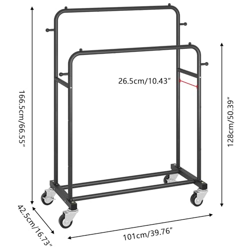 Black Double Rod Garment Rack with Wheels & Hooks, Multi-Functional Clothes Organizer