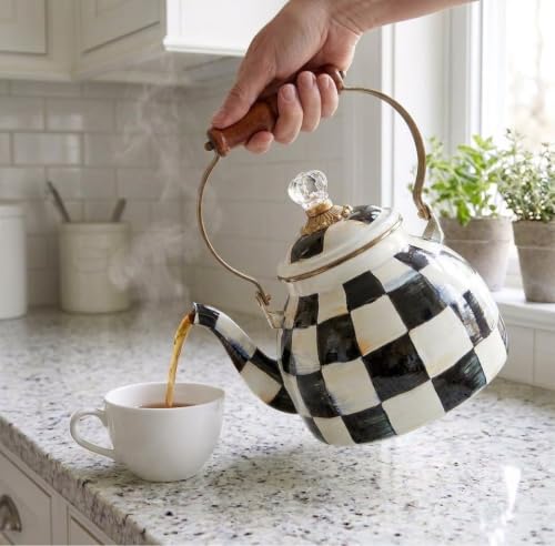 Checkered Black and White Tea Kettle - 2.5 Quart Stovetop Enamel Teapot with Wooden Handle