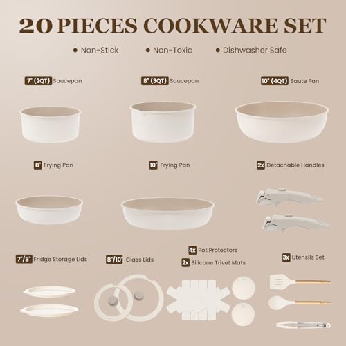 Nonstick Cookware Set with Detachable Handles - 20 Pack Beige Taupe