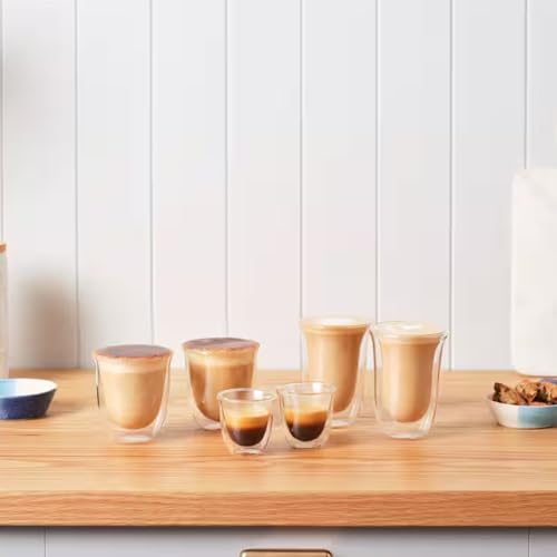 DeLonghi Glass Coffee Set - 6 Mixed Double Wall Borosilicate Glasses - Espresso, Cappuccino, Latte Macchiato