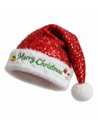 ReposeChic Red Sequin Christmas Santa Hat for Adults, Unisex Velvet Holiday Accessory