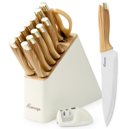 Hancorys Gold Wood 15-Piece Kitchen Knife Set with Block & Sharpener