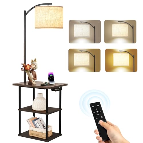 PESRAE Rustic Brown Floor Lamp with Table & Remote Control - 3-Tier Side Table with Charging Station