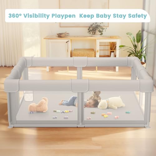Baby Playpen 50x50x27 Inches with Gate - Grey, No Mat, Safe Indoor & Outdoor Play Area
