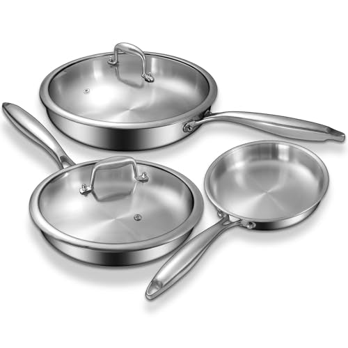 8+10+12 Inch Tri-Ply Stainless Steel Frying Pan Set with Lids - PFOA & PTFE Free